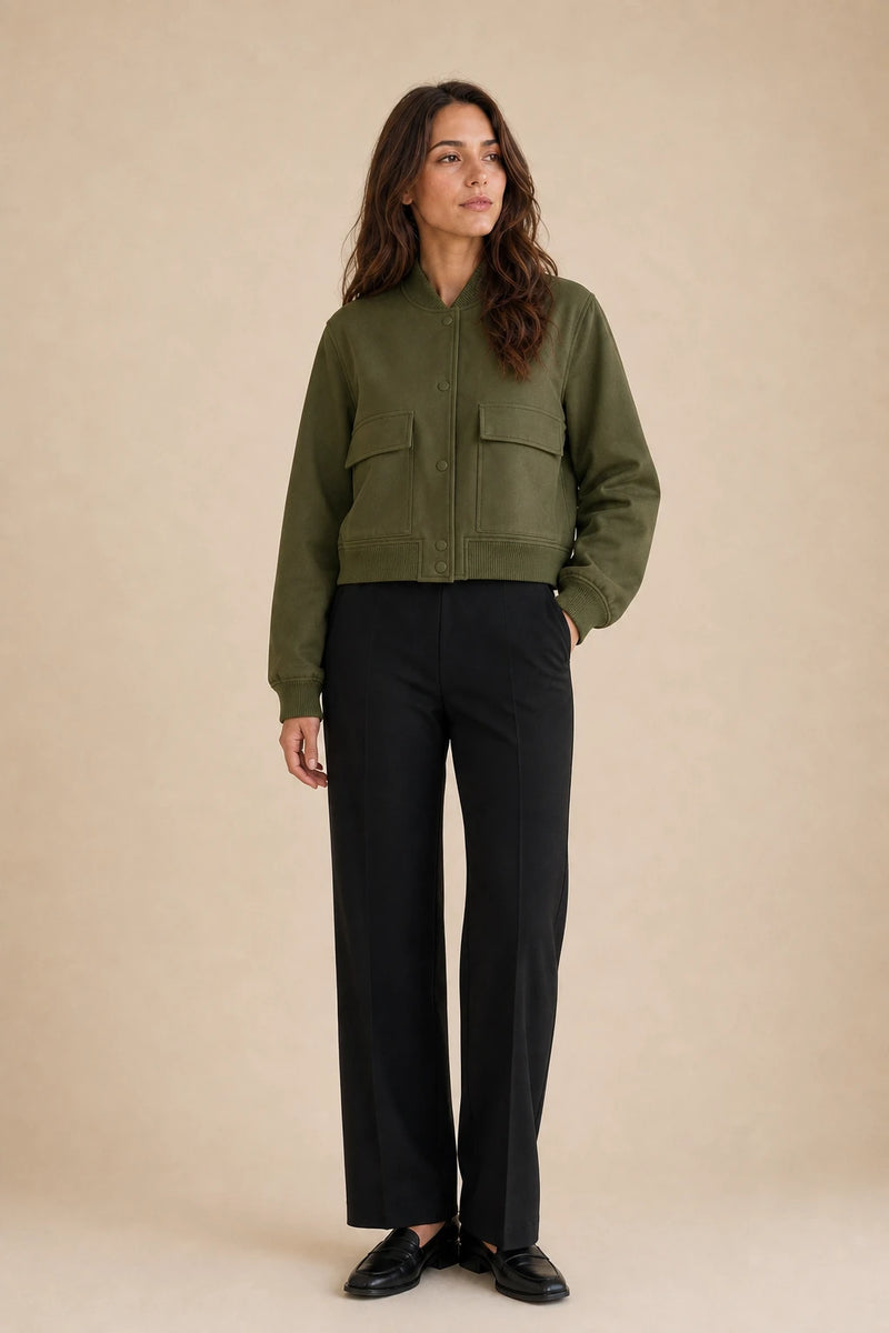Fleur | Collared Button Jacket in Army Green, studio front view