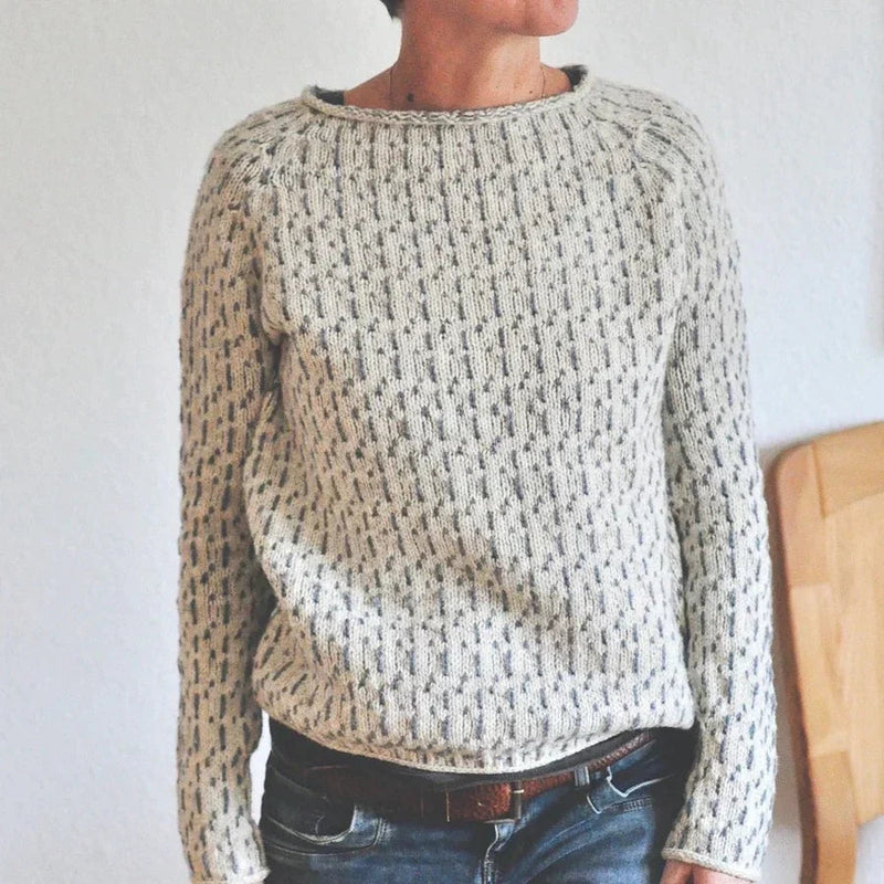 Patterned Knit Sweater for Women with Crew Neck and Raglan Sleeves, belted front view