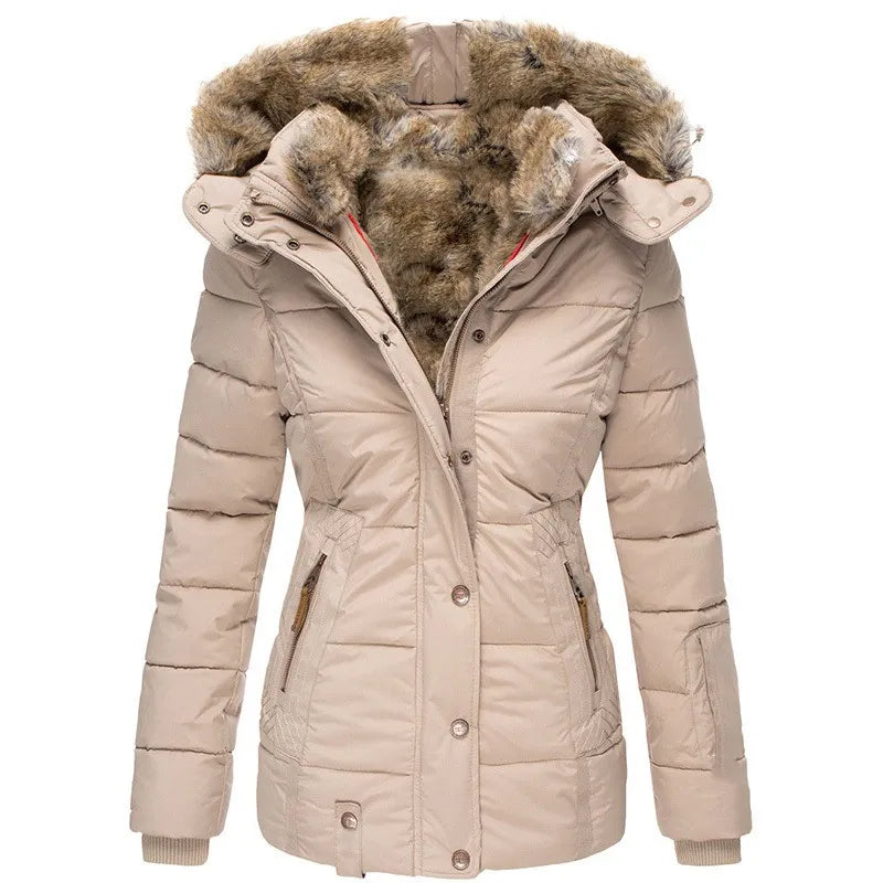Fitted Quilted Puffer Jacket for Women with Faux Fur Lined Hood in Beige, front view