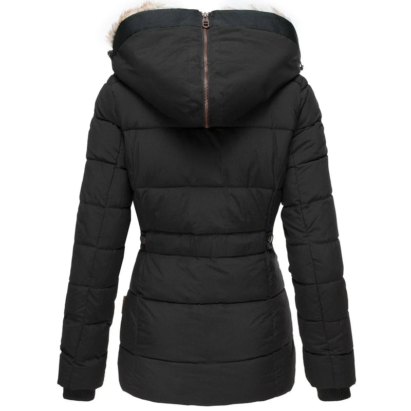 Fitted Quilted Puffer Jacket for Women with Faux Fur Lined Hood in Black, back view
