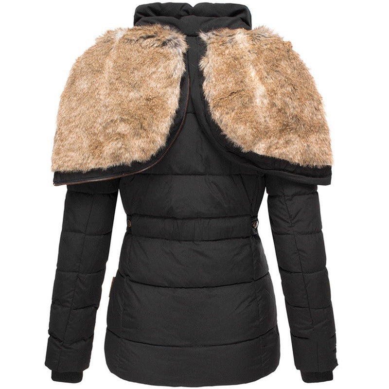 Fitted Quilted Puffer Jacket for Women with Faux Fur Lined Hood in Black, back view with hood folded back