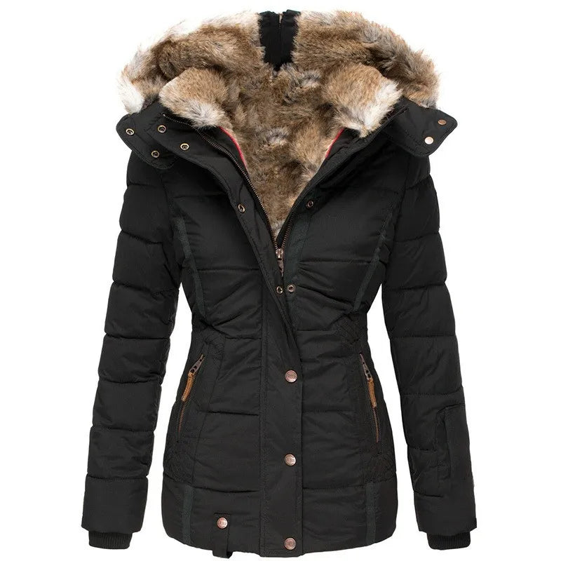 Fitted Quilted Puffer Jacket for Women with Faux Fur Lined Hood in Black, front view