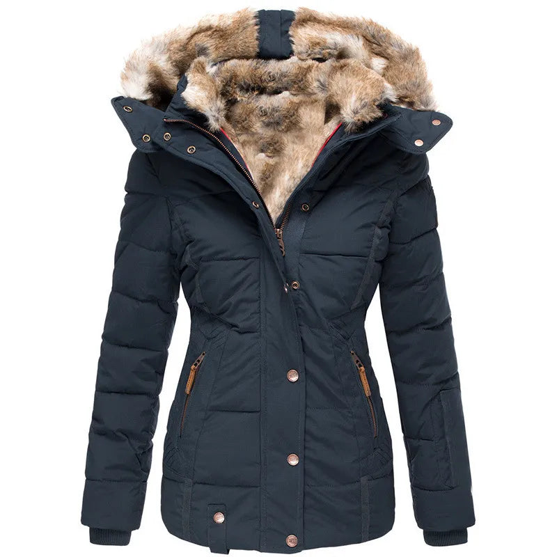 Fitted Quilted Puffer Jacket for Women with Faux Fur Lined Hood in Blue, front view