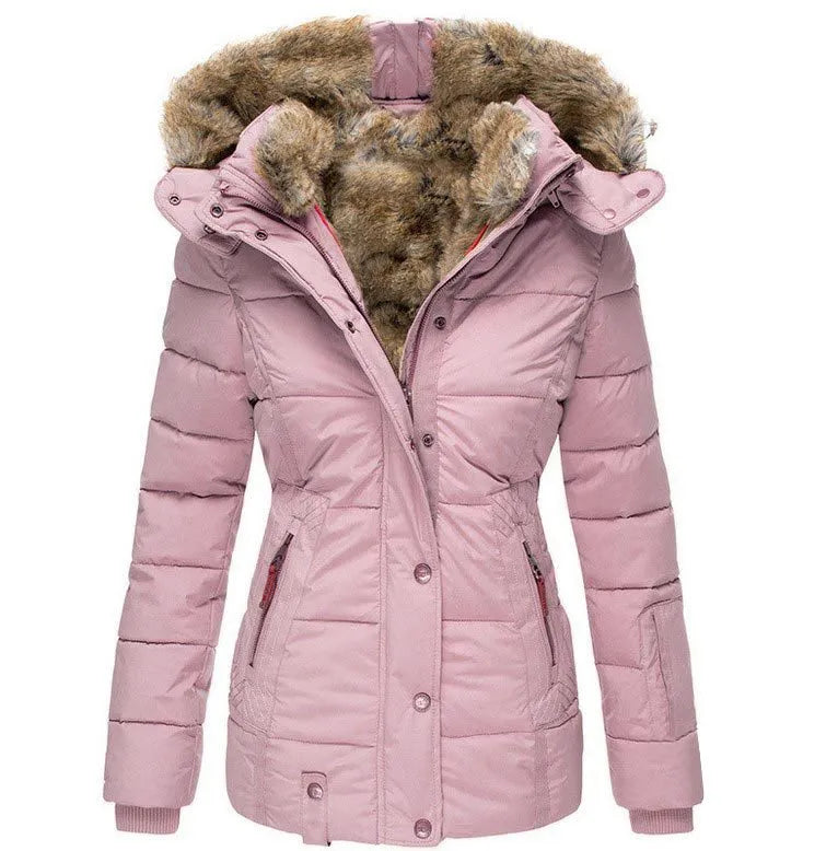 Fitted Quilted Puffer Jacket for Women with Faux Fur Lined Hood in Pink, front view