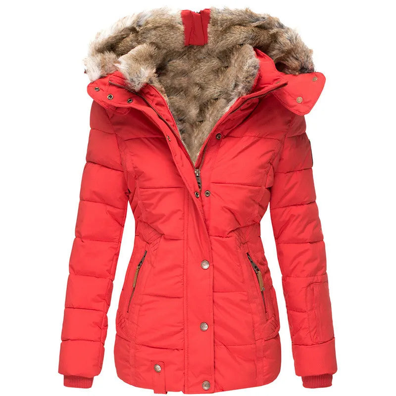 Fitted Quilted Puffer Jacket for Women with Faux Fur Lined Hood in Red, front view