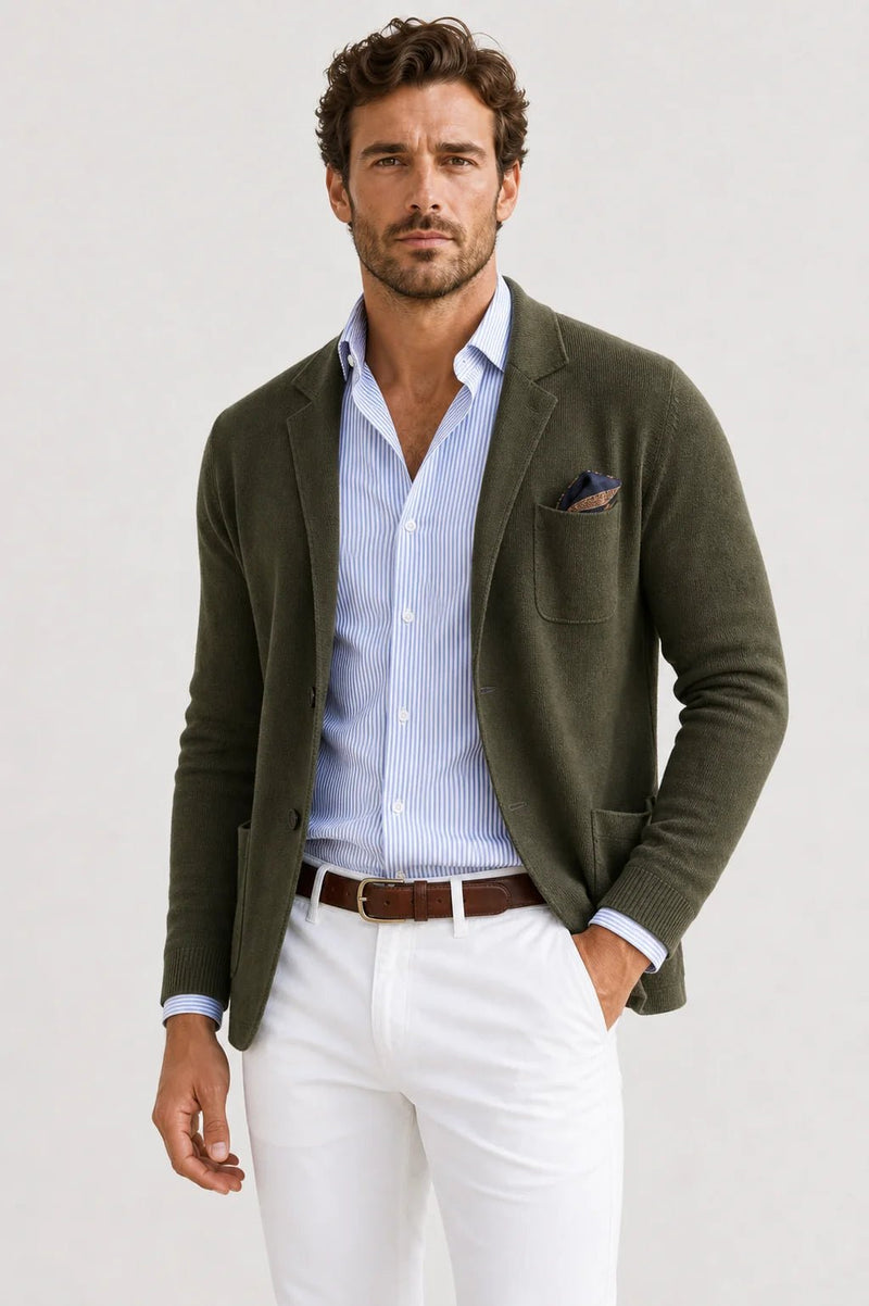 Sofaine Asher knit blazer in olive green over a striped shirt, worn front view