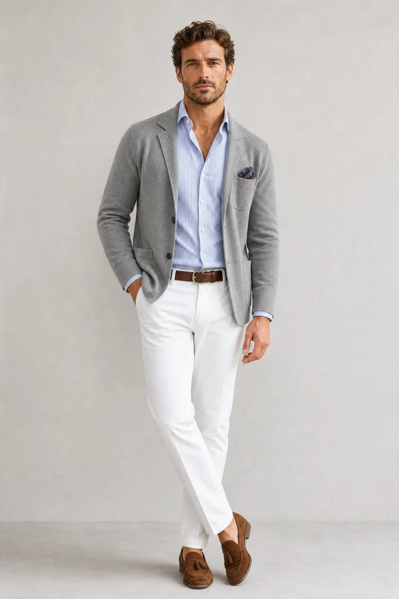 Sofaine Asher knit blazer in light gray with white trousers, styled full look