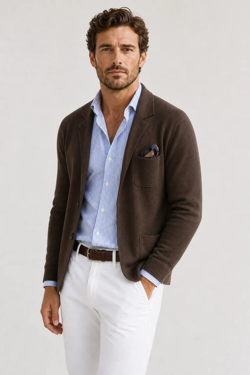Sofaine Asher knit blazer in dark brown over a striped shirt, worn front view