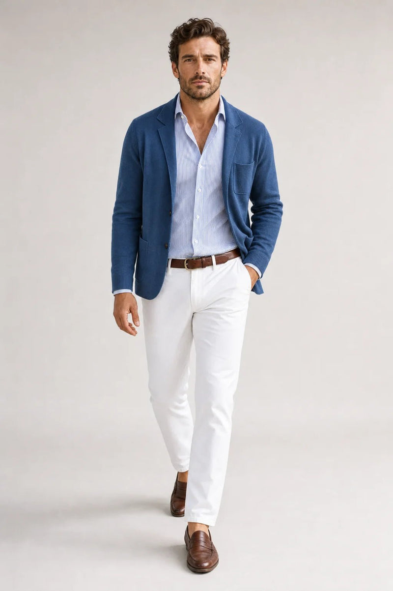 Sofaine Asher knit blazer in blue with white trousers and loafers, styled full look