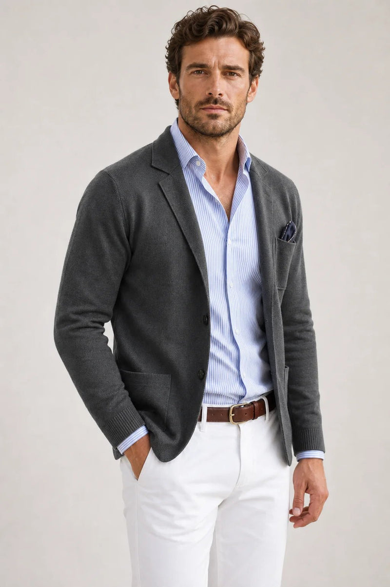 Sofaine Asher knit blazer in charcoal gray over a striped shirt, worn front view