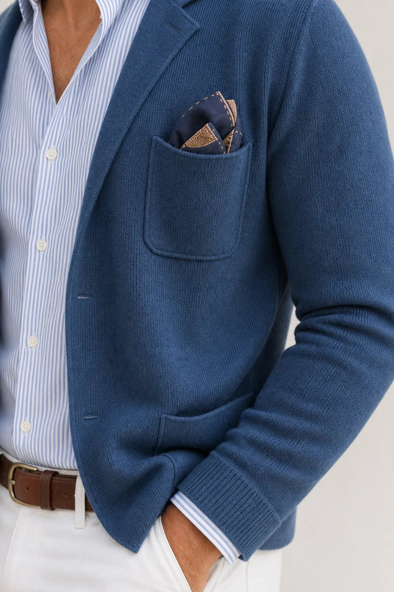 Sofaine Asher knit blazer in blue, chest pocket and pocket square detail shot