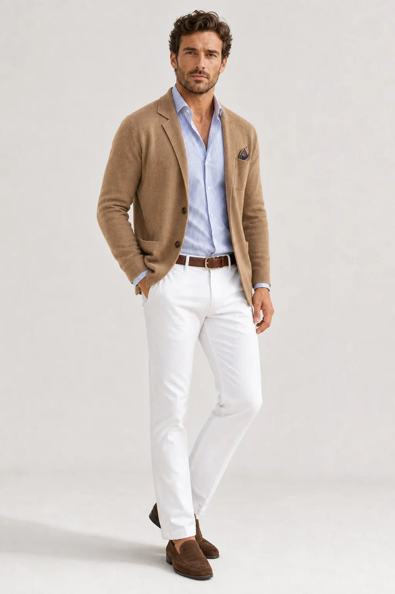 Sofaine Asher knit blazer in camel over a striped shirt, styled full look