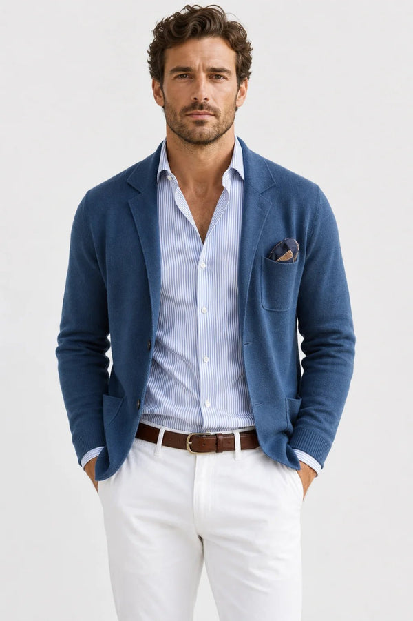 Sofaine Asher knit blazer with patch pockets in blue over a striped shirt, worn front view