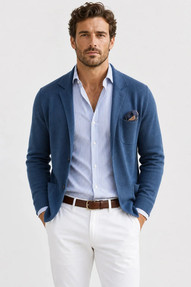 Sofaine Asher knit blazer with patch pockets in blue over a striped shirt, worn front view