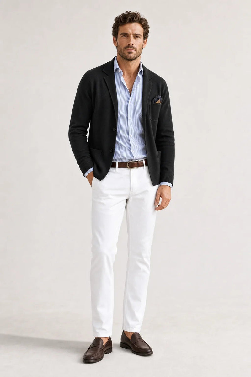 Sofaine Asher knit blazer in black with white trousers, styled full look