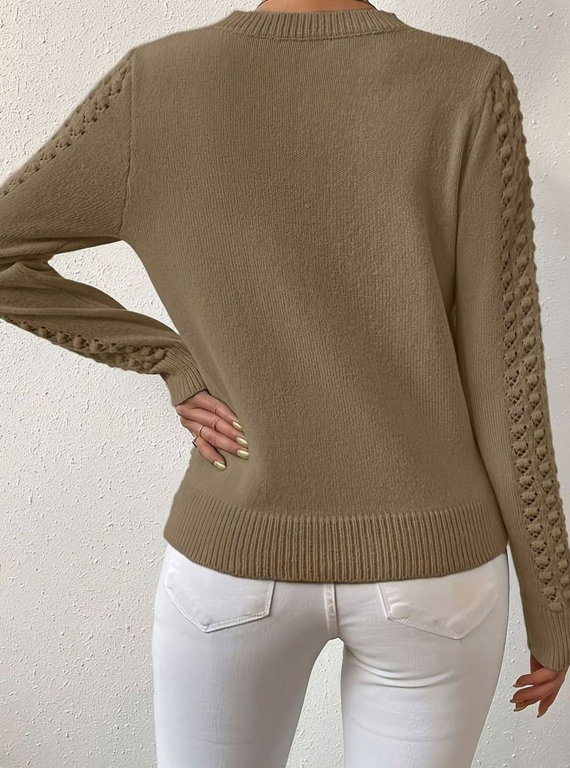 Pointelle Sweater for Women with Open Knit Yoke and Slim Fit in Brown, back view