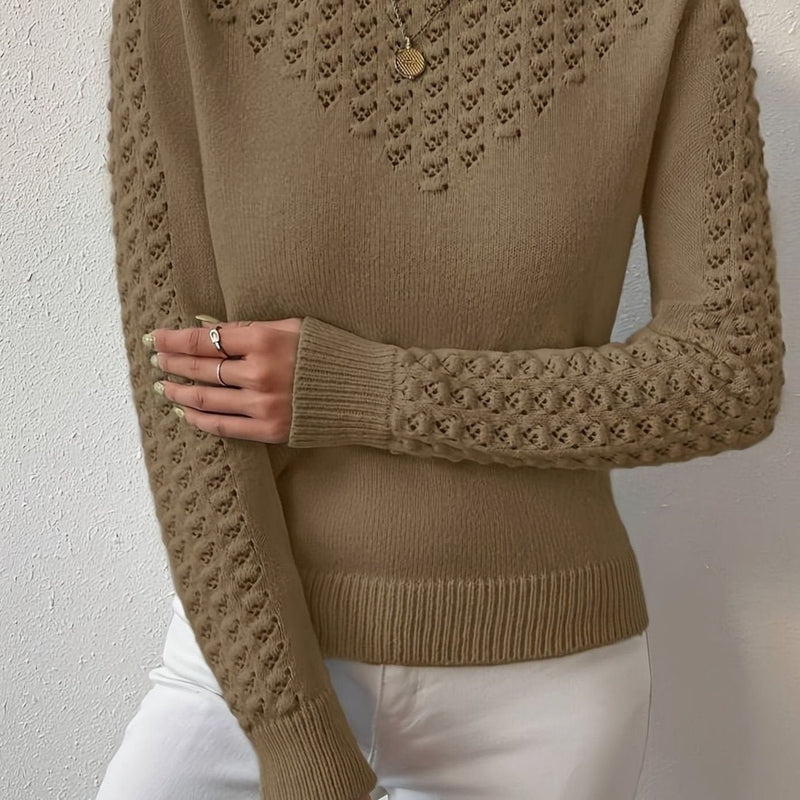 Pointelle Sweater for Women with Open Knit Yoke and Slim Fit in Brown, front close-up