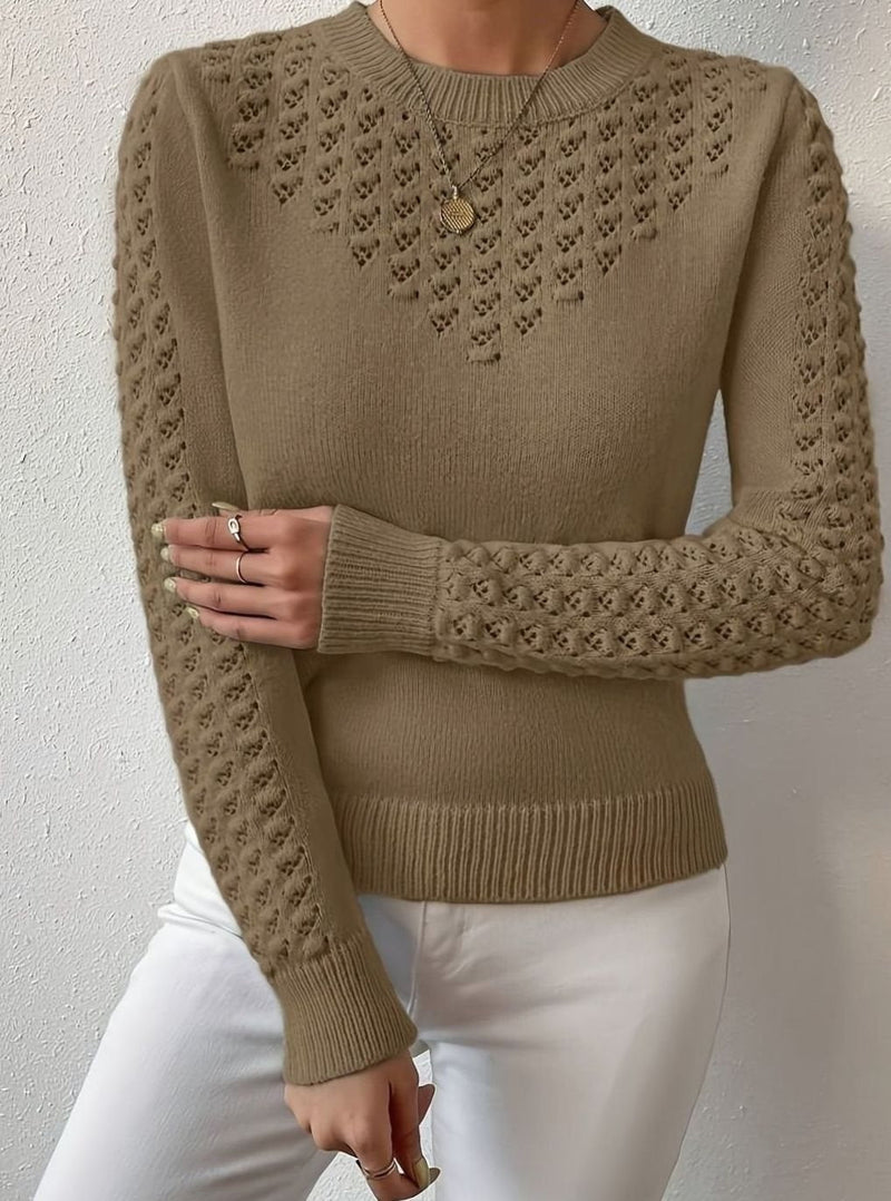 Pointelle Sweater for Women with Open Knit Yoke and Slim Fit in Brown, front view