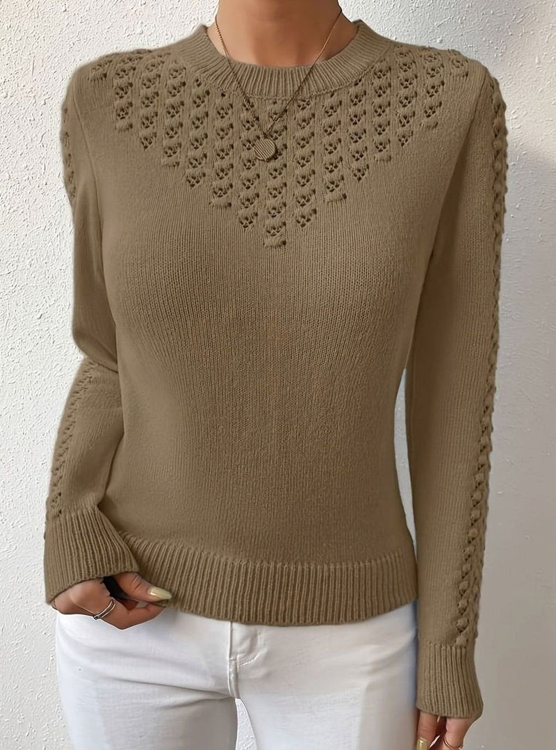 Pointelle Sweater for Women with Open Knit Yoke and Slim Fit in Brown, full front view