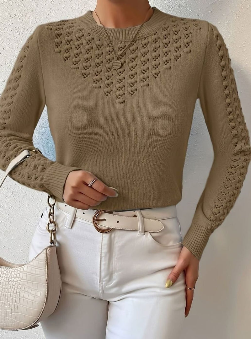 Pointelle Sweater for Women with Open Knit Yoke and Slim Fit in Brown, styled front view