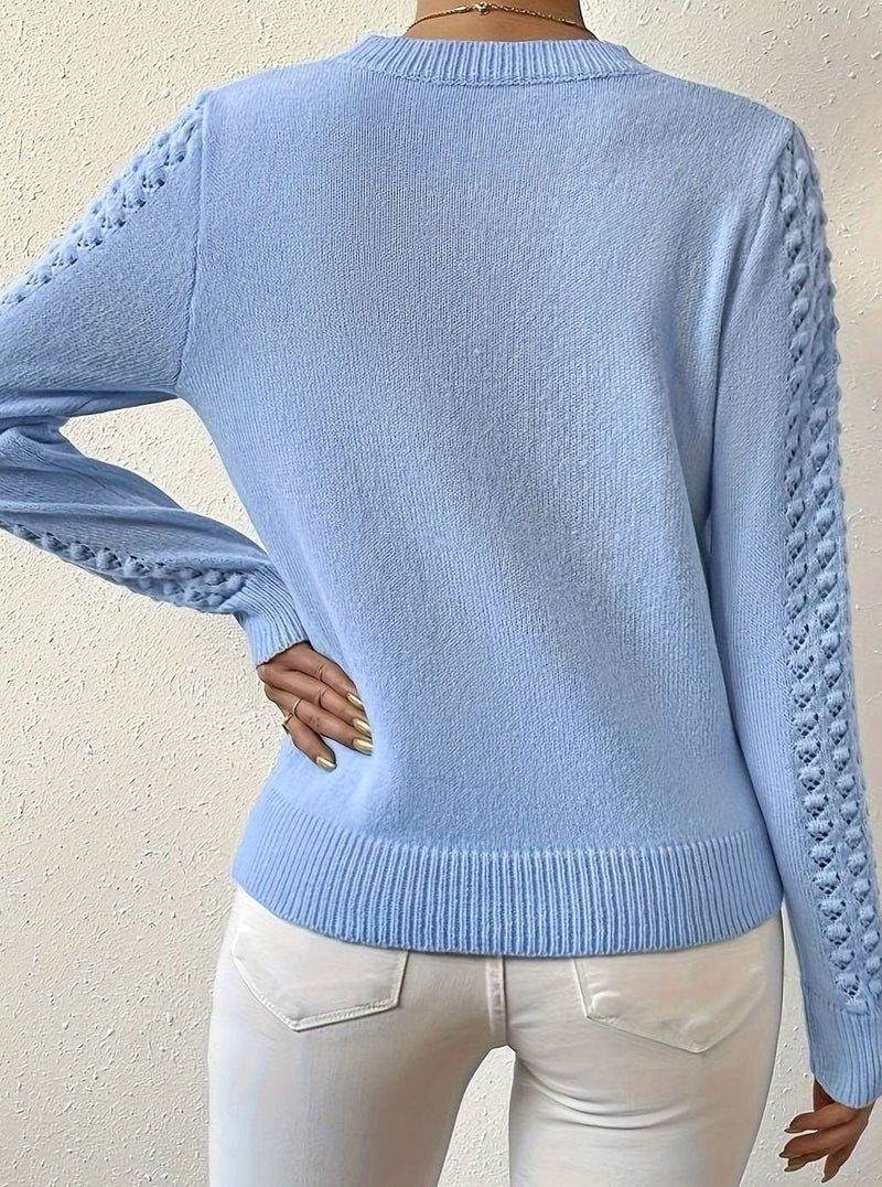 Pointelle Sweater for Women with Open Knit Yoke and Slim Fit in Light Blue, back view