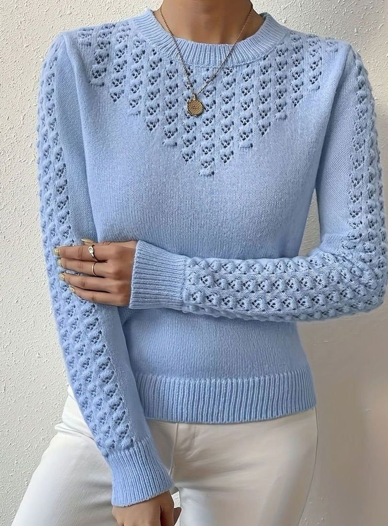 Pointelle Sweater for Women with Open Knit Yoke and Slim Fit in Light Blue, front view