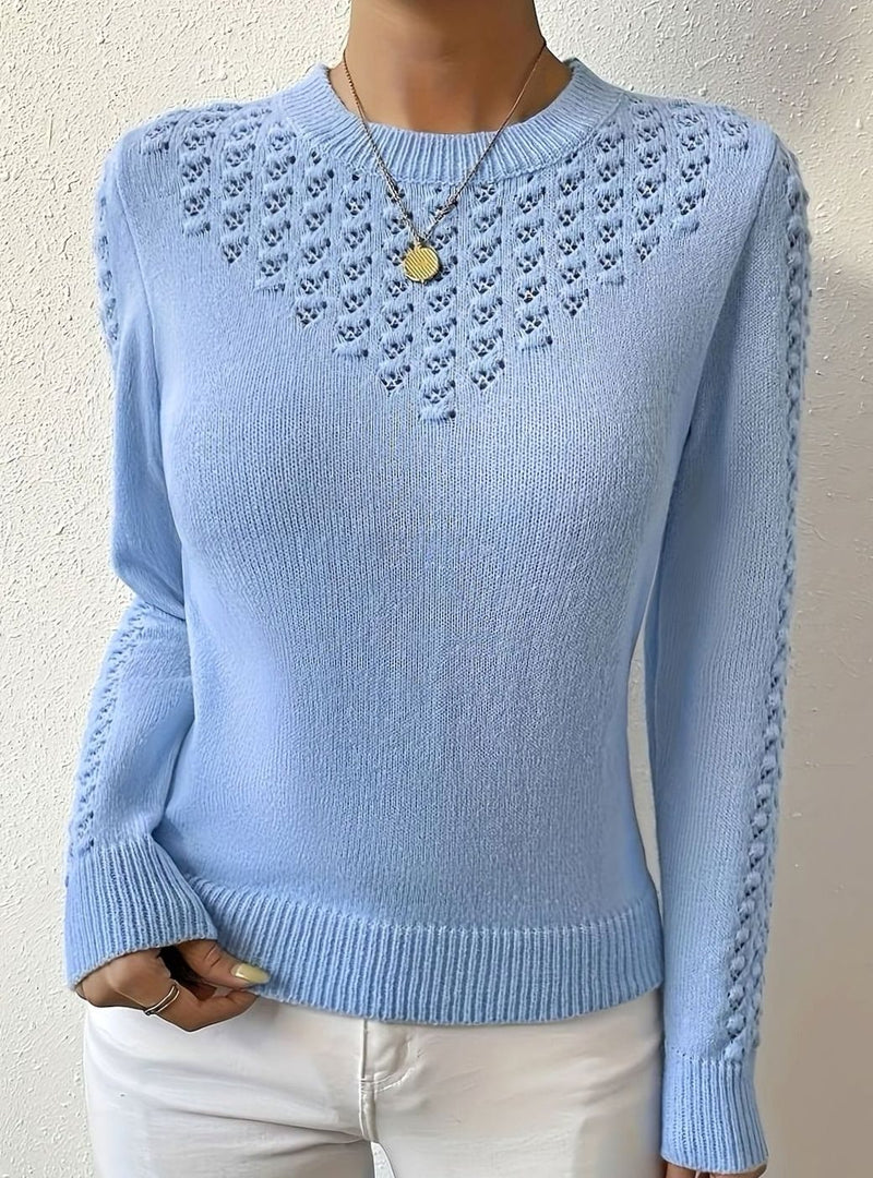 Pointelle Sweater for Women with Open Knit Yoke and Slim Fit in Light Blue, full front view