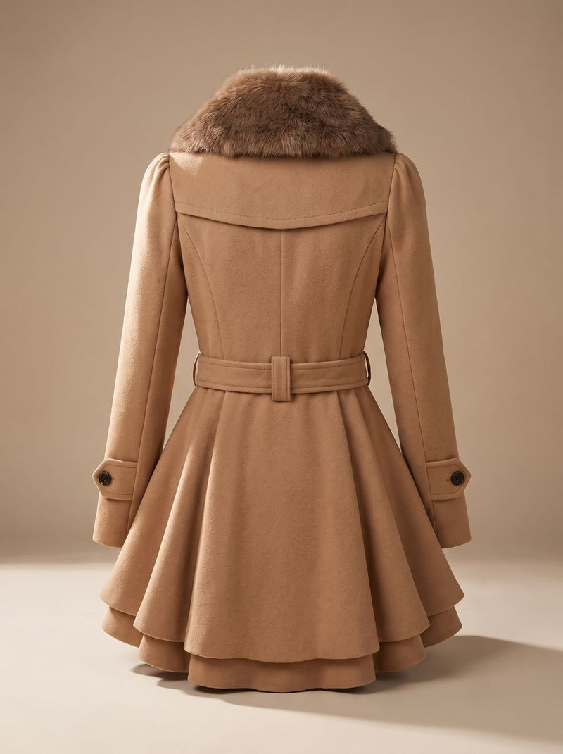 Double-Breasted Peplum Coat for Women with Faux Fur Collar and Tie Belt in Beige, back view