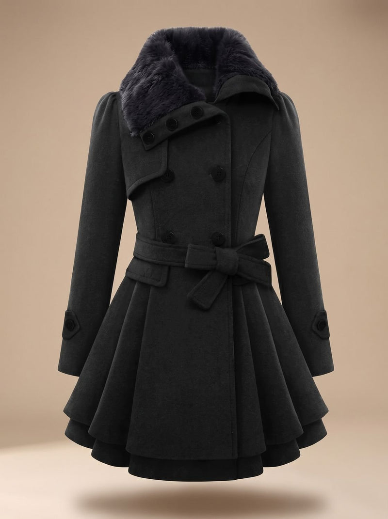Double-Breasted Peplum Coat for Women with Faux Fur Collar and Tie Belt in Black, front view