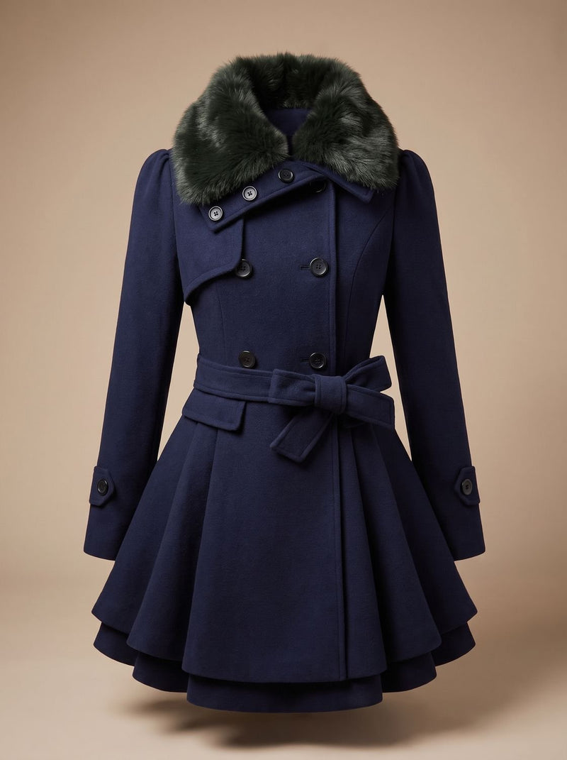 Double-Breasted Peplum Coat for Women with Faux Fur Collar and Tie Belt in Dark Blue, front view