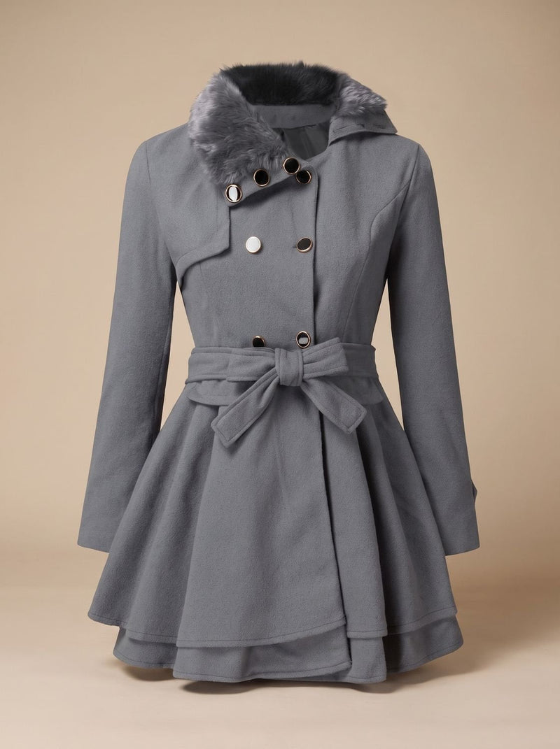 Double-Breasted Peplum Coat for Women with Faux Fur Collar and Tie Belt in Grey, front view