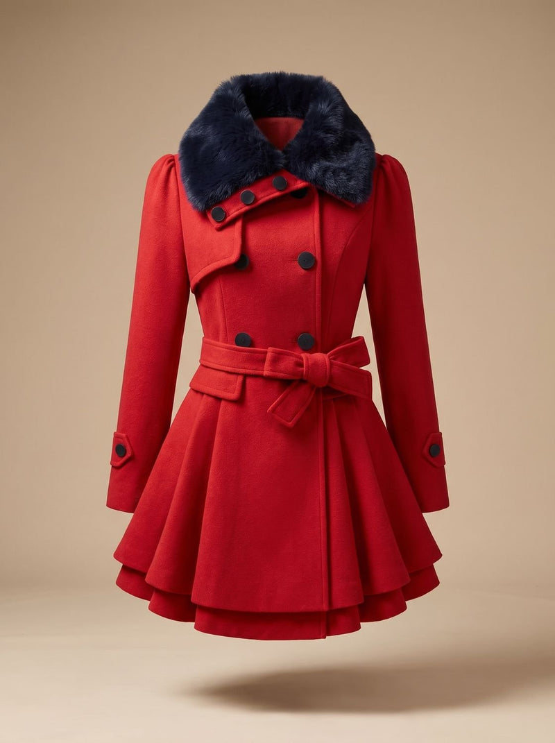 Double-Breasted Peplum Coat for Women with Faux Fur Collar and Tie Belt in Red, front view