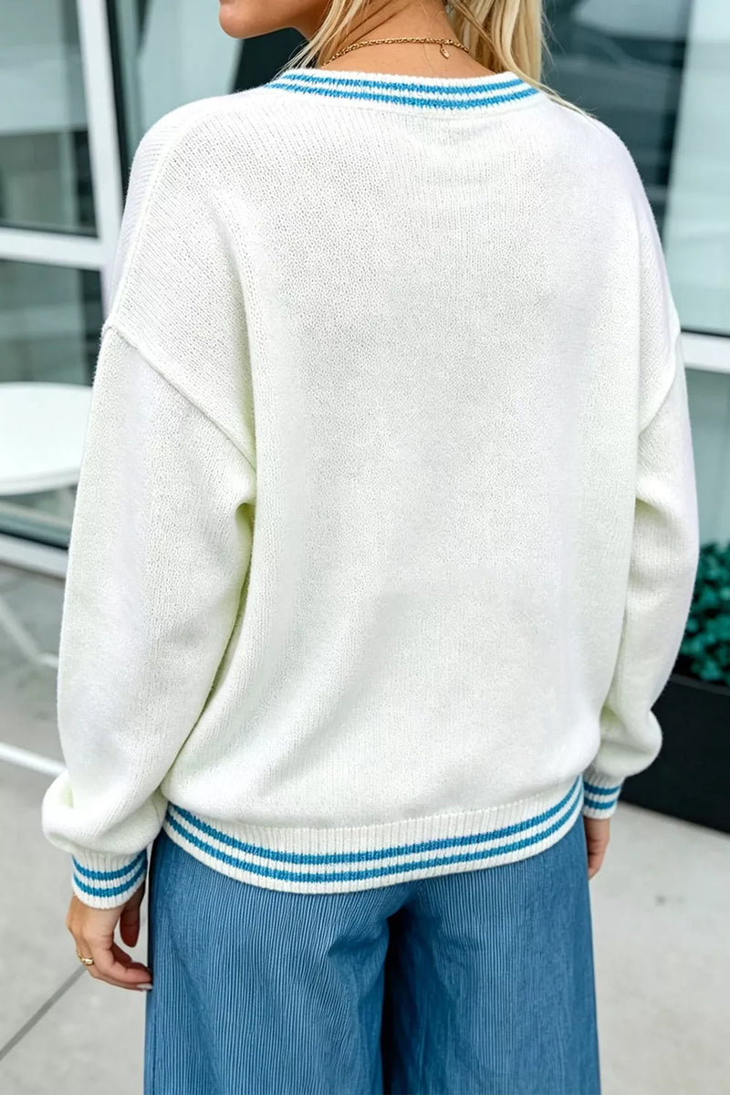 Varsity Crew Neck Sweater for Women with Bulldog Intarsia and Striped Trim in White, back view