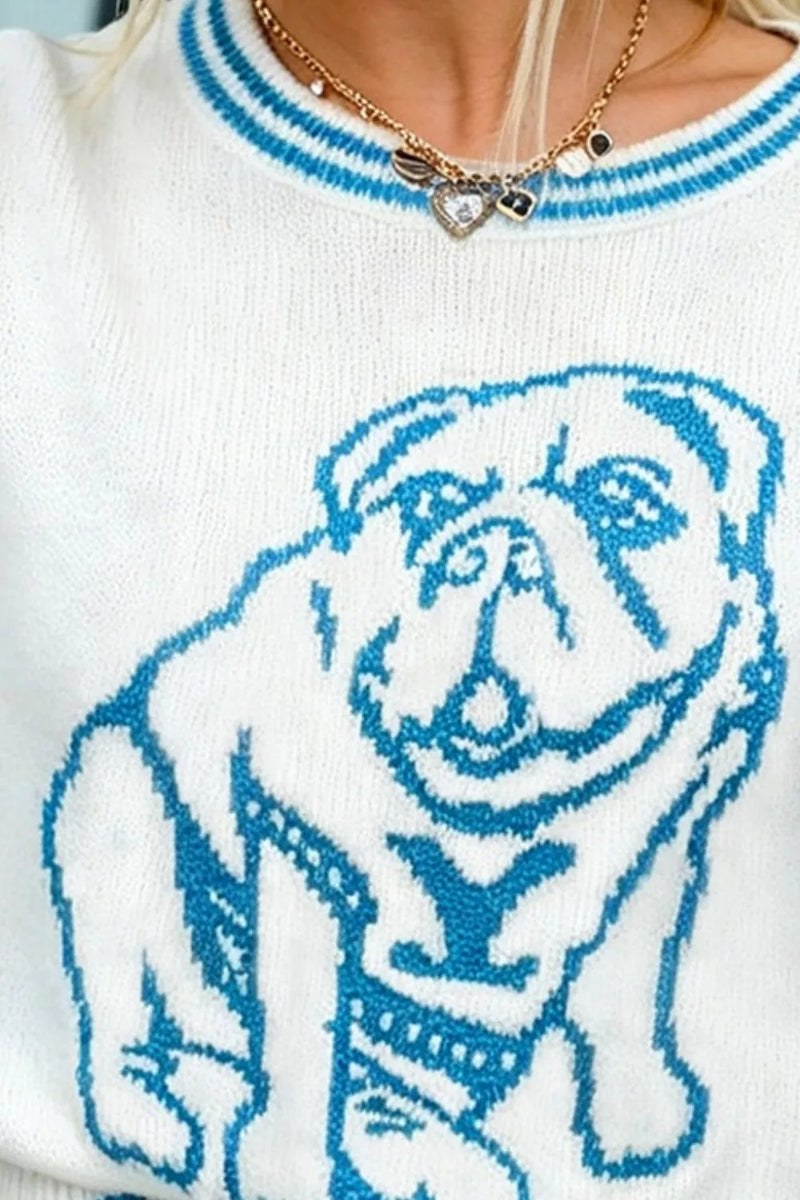 Varsity Crew Neck Sweater for Women with Bulldog Intarsia and Striped Trim in White, motif close-up