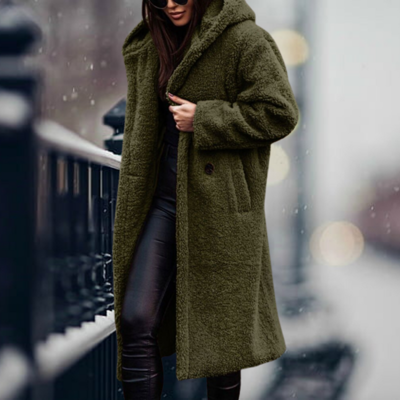 Long Hooded Sherpa Coat for Women with Open Front and Side Pockets in Army Green, front view