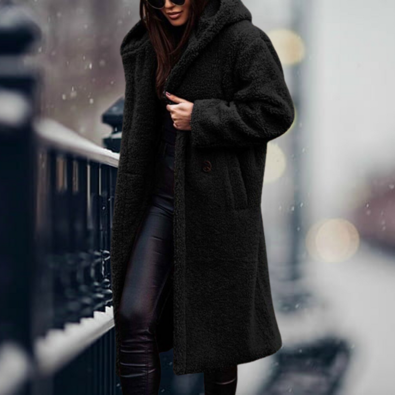 Long Hooded Sherpa Coat for Women with Open Front and Side Pockets in Black, front view