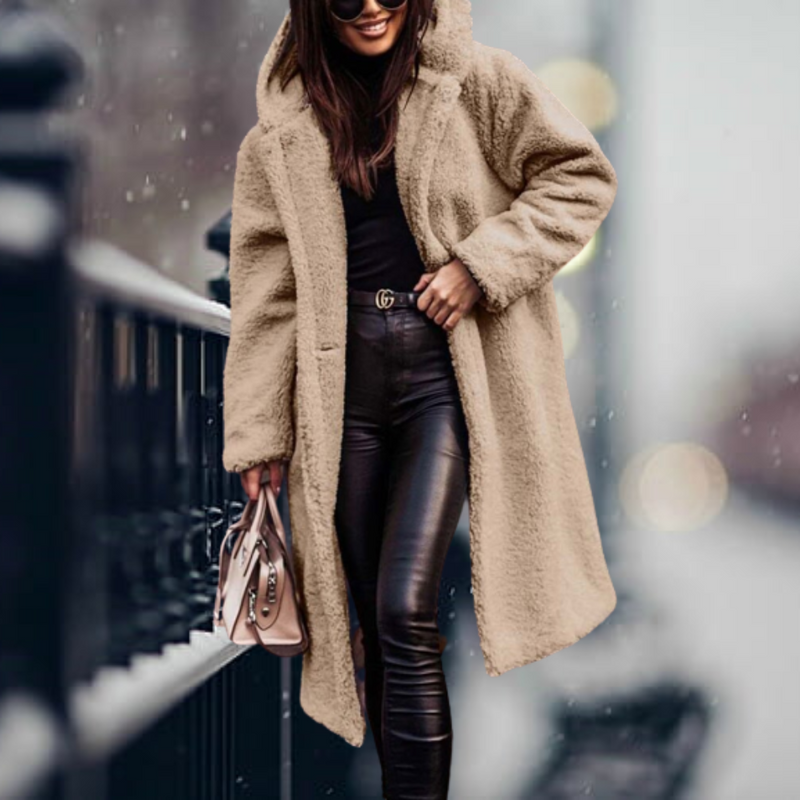 Long Hooded Sherpa Coat for Women with Open Front and Side Pockets in Camel, front view