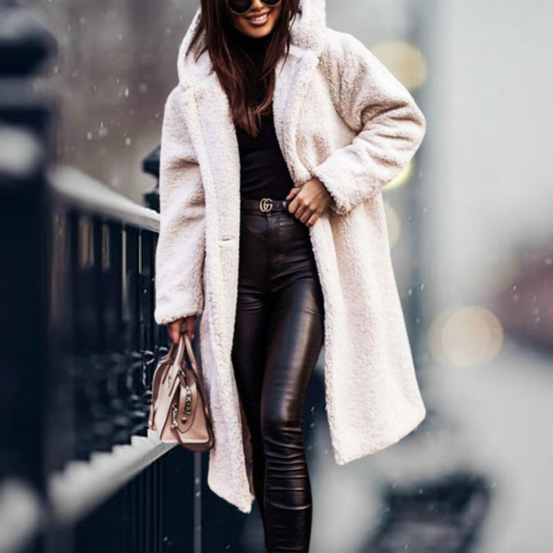 Long Hooded Sherpa Coat for Women with Open Front and Side Pockets in White, front view