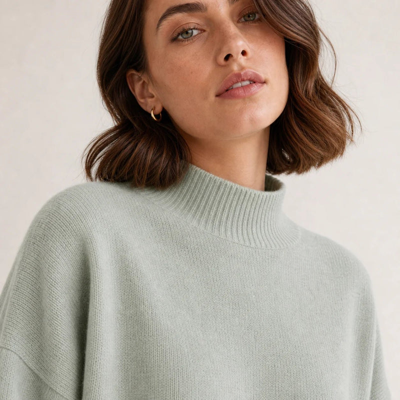 Sofaine Aubrey oversized mock-neck knit sweater in Light Green, knit texture detail