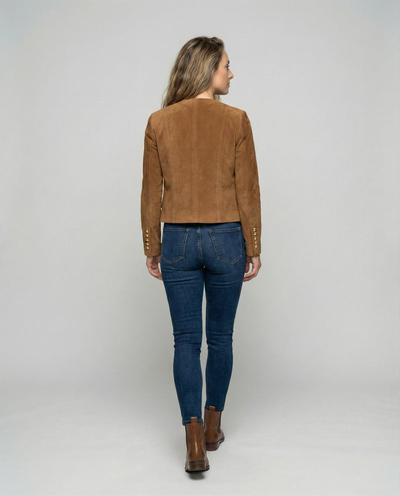 Collarless Faux Suede Jacket for Women with Gold-Tone Buttons in Brown, back view