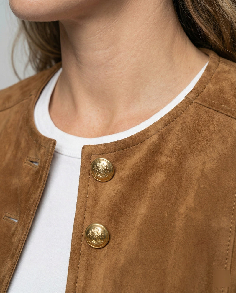 Collarless Faux Suede Jacket for Women with Gold-Tone Buttons in Brown, button detail