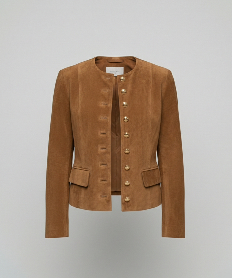 Collarless Faux Suede Jacket for Women with Gold-Tone Buttons in Brown, flat front view
