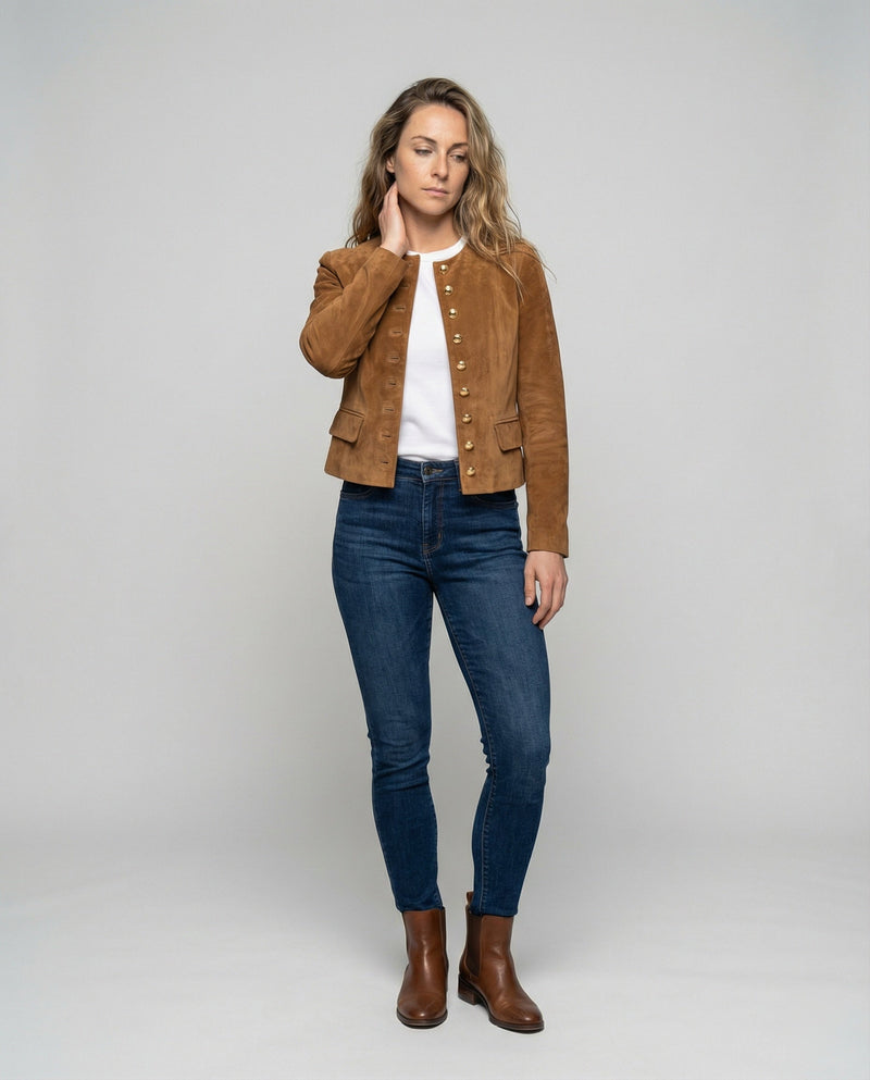 Collarless Faux Suede Jacket for Women with Gold-Tone Buttons in Brown, full-length front view