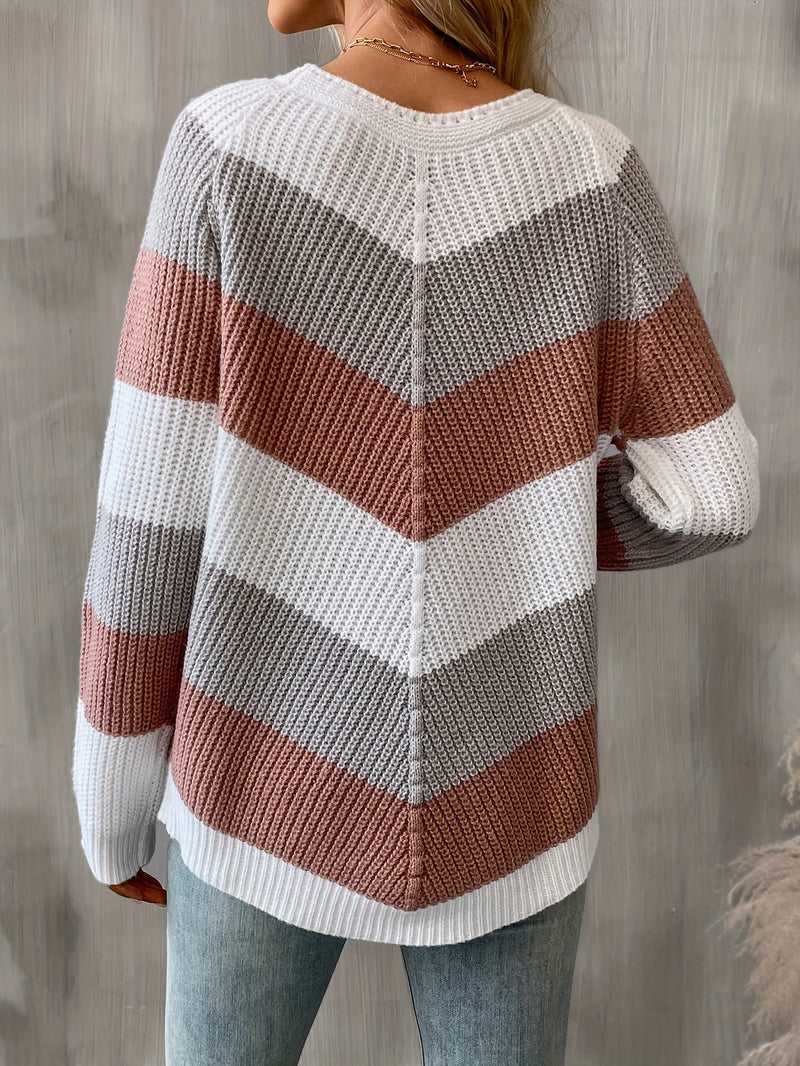 Chevron Colorblock Knit Sweater for Women with Raglan Sleeves in Pink & Gray, back view