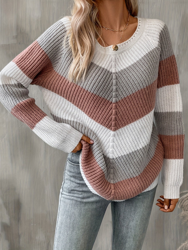 Chevron Colorblock Knit Sweater for Women with Raglan Sleeves in Pink & Gray, relaxed front view