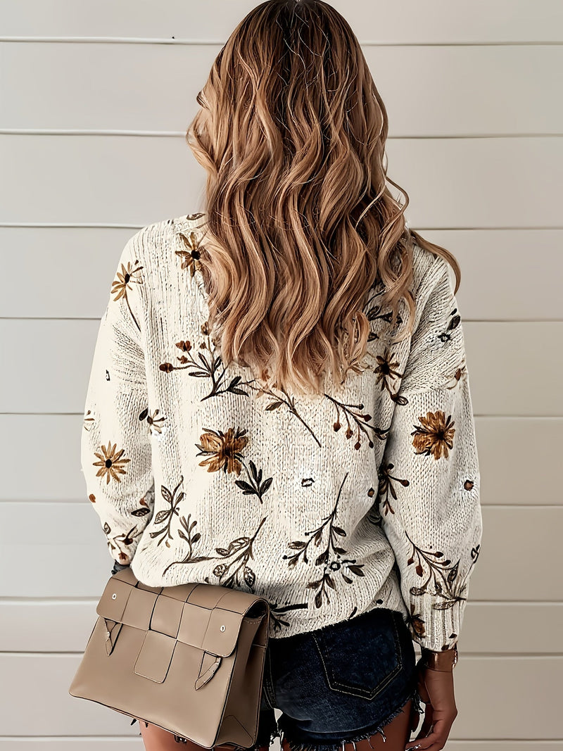Floral V-Neck Sweater for Women with Wildflower Print and Ribbed Cuffs in Cream, back view
