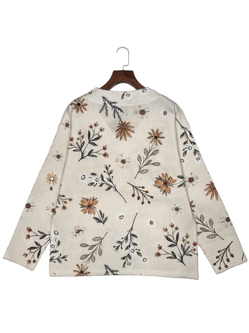 Floral V-Neck Sweater for Women with Wildflower Print and Ribbed Cuffs in Cream, hanger back view