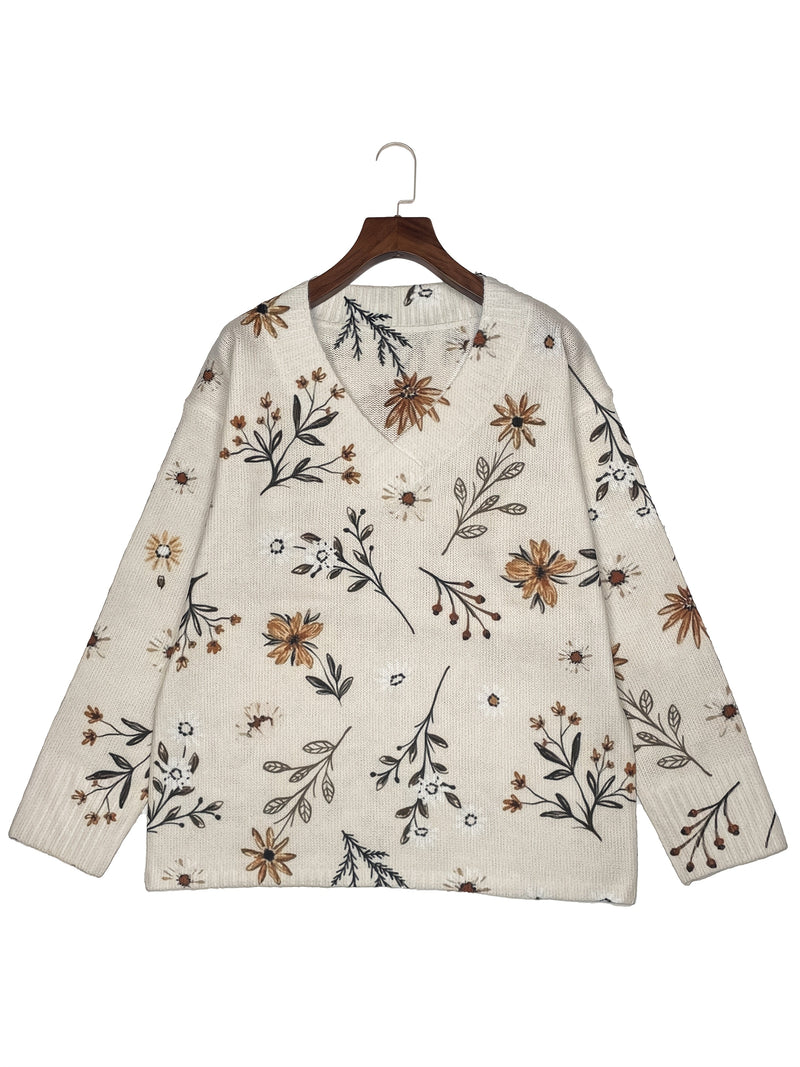Floral V-Neck Sweater for Women with Wildflower Print and Ribbed Cuffs in Cream, hanger front view