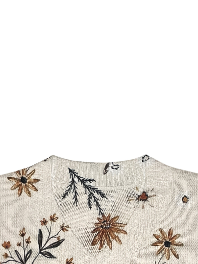 Floral V-Neck Sweater for Women with Wildflower Print and Ribbed Cuffs in Cream, neckline detail