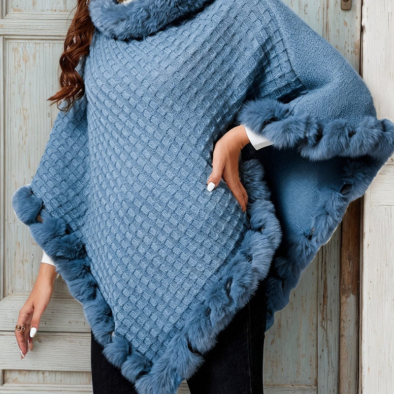 Knitted Poncho Sweater for Women with Faux Fur Collar and Trim in Blue, front view